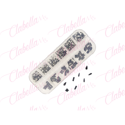 Decoración CRISTALES HUMO CON FIGURAS  para uñas, aprox 400 piezas en estuche de plástico de 13x5cm con 12 divisiones y tapa ind