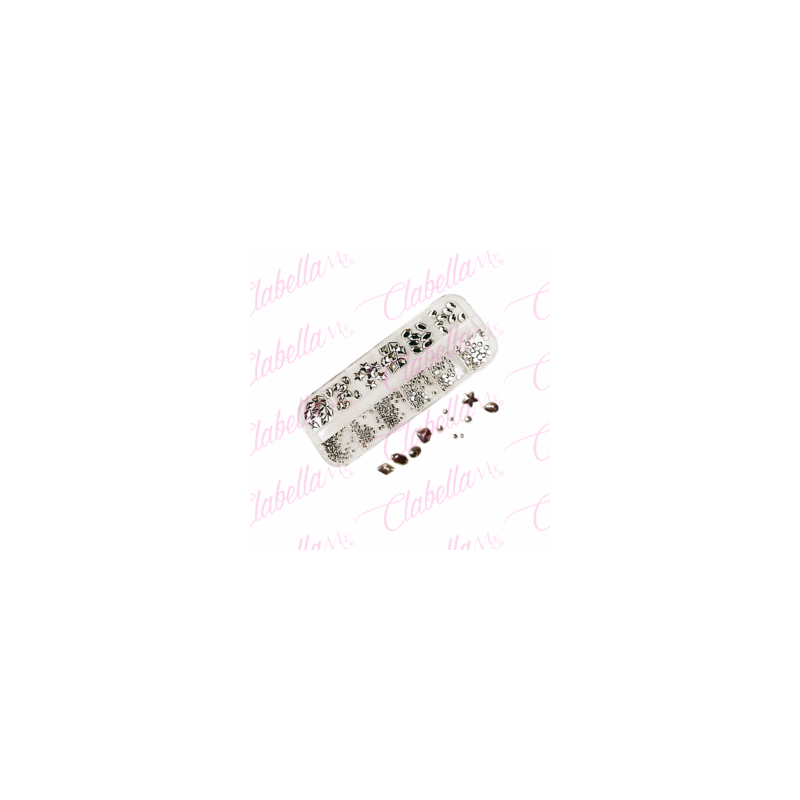 Decoración CRISTALES PLATA CON FIGURAS  para uñas, aprox 400 piezas en estuche de plástico de 13x5cm cn 12 divisiones y tapa ind