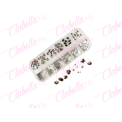 Decoración CRISTALES PLATA CON FIGURAS  para uñas, aprox 400 piezas en estuche de plástico de 13x5cm cn 12 divisiones y tapa ind