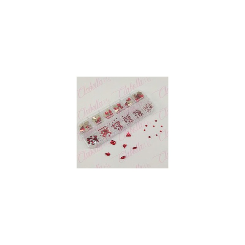 Decoración CRISTALES ROJO CRISTALIZADO CON FIGURAS para uñas, aprox 400 piezas en pastillero – estuche de plástico de 13x5cm con