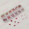 Decoración CRISTALES ROJO CRISTALIZADO CON FIGURAS para uñas, aprox 400 piezas en pastillero – estuche de plástico de 13x5cm con