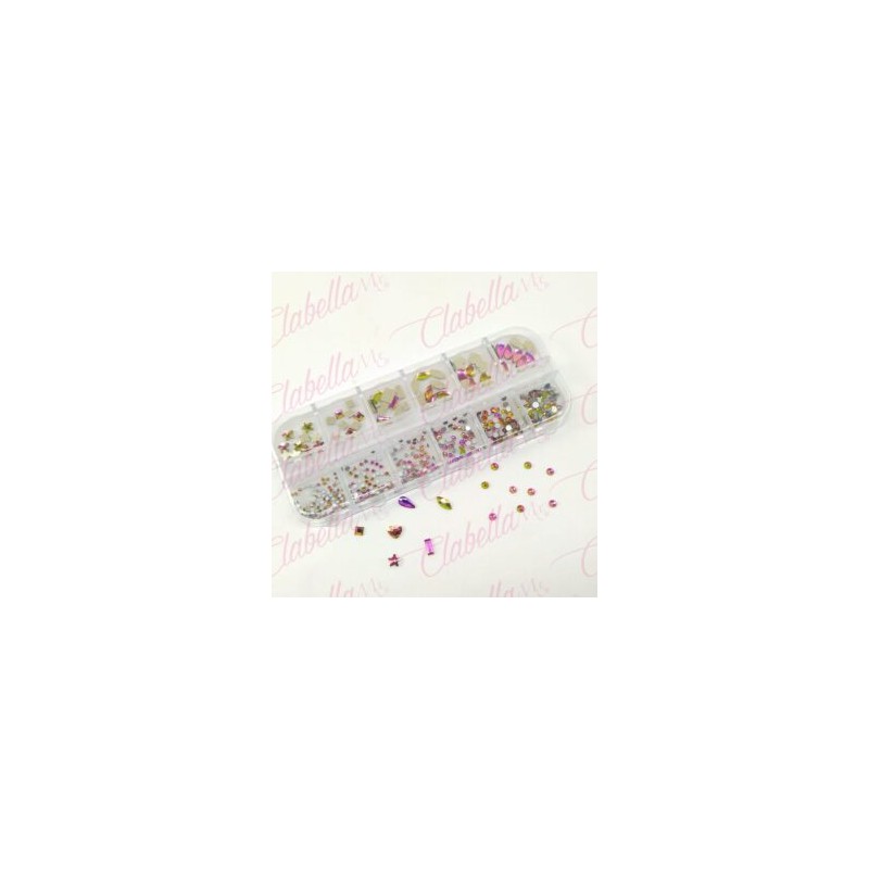 Decoración CRISTALES ROSA CAMALEON tonos verde cristalizado con figuras para uñas, aprox 400 piezas en pastillero – estuche de p