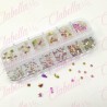 Decoración CRISTALES ROSA CAMALEON tonos verde cristalizado con figuras para uñas, aprox 400 piezas en pastillero – estuche de p