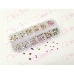Decoración CRISTALES ROSA CAMALEON tonos verde cristalizado con figuras para uñas, aprox 400 piezas en pastillero – estuche de p