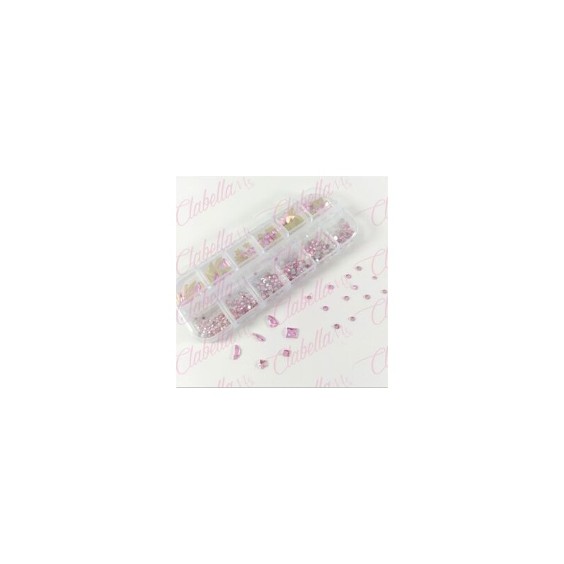 Decoración CRISTALES ROSA CRISTALIZADO CON FIGURAS para uñas, aprox 400 piezas en pastillero – estuche de plástico de 13x5cm con