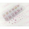 Decoración CRISTALES ROSA CRISTALIZADO CON FIGURAS para uñas, aprox 400 piezas en pastillero – estuche de plástico de 13x5cm con