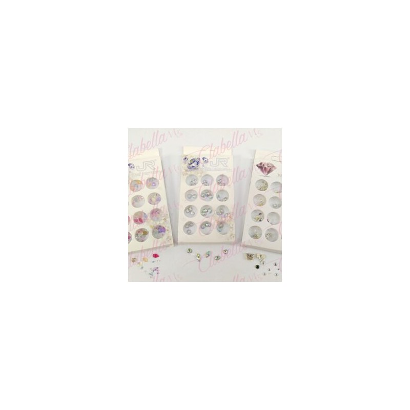 Decoración CRISTAL Y FIGURAS DE COLOR para uñas aprox 480 piezas, en estuche de 7×12.5cm con 12 divisiones, surtido (Cristales d