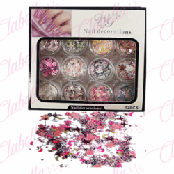 Decoración diferentes figuras mariposa, luna, conejo, crispy y confeti para uñas 12 piezas de 1/8 oz  por estuche KT(240)-0862, 
