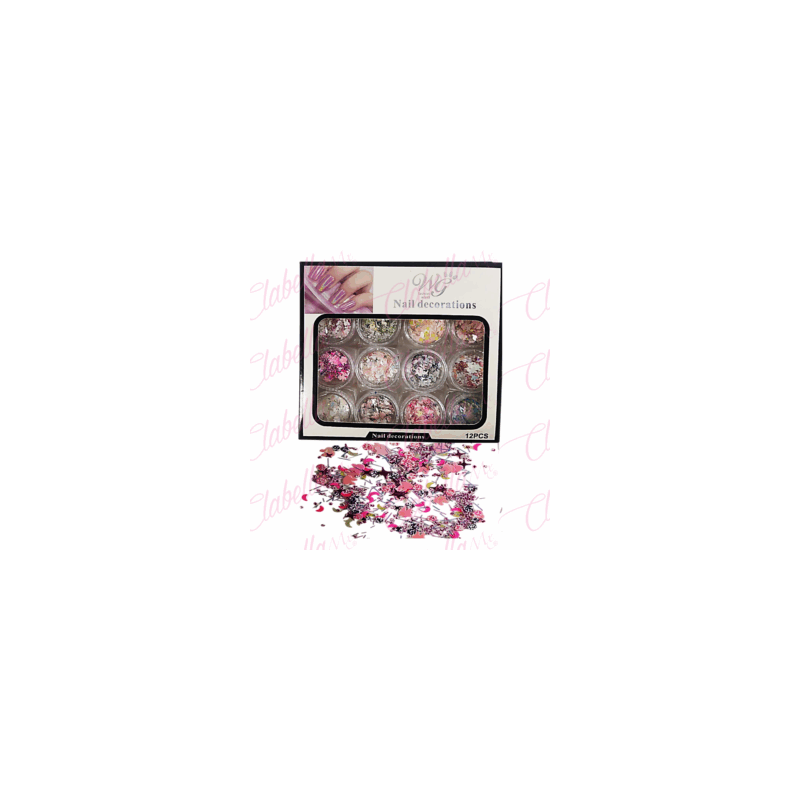 Decoración diferentes figuras mariposa, luna, conejo, crispy y confeti para uñas 12 piezas de 1/8 oz  por estuche KT(240)-0862, 