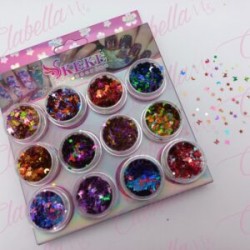 Decoración diferentes FIGURAS MEZCLADAS con estrellas, lunas,mariposas para uñas 12 piezas de 1/8oz  por estuche, (Con estuche) 