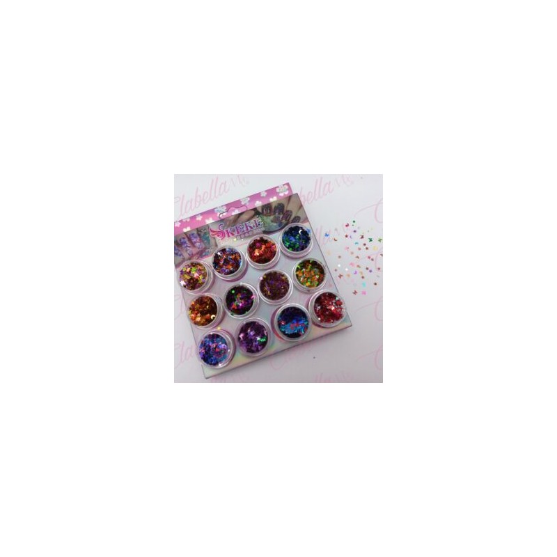 Decoración diferentes FIGURAS MEZCLADAS con estrellas, lunas,mariposas para uñas 12 piezas de 1/8oz  por estuche, (Con estuche) 