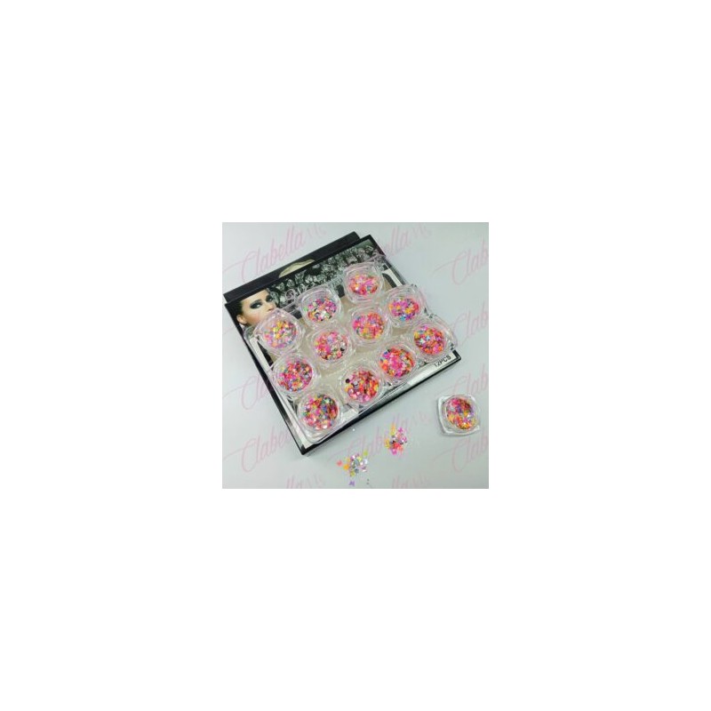 Decoración diferentes FIGURAS NEON MEZCLADAS CON GLITTER mariposa, luna, corazón con azúcar para uñas 12 piezas de 1/8 por estuc
