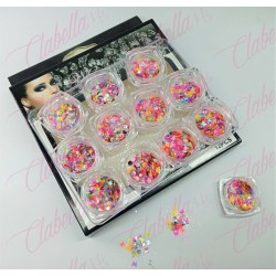 Decoración diferentes FIGURAS NEON MEZCLADAS CON GLITTER mariposa, luna, corazón con azúcar para uñas 12 piezas de 1/8 por estuc