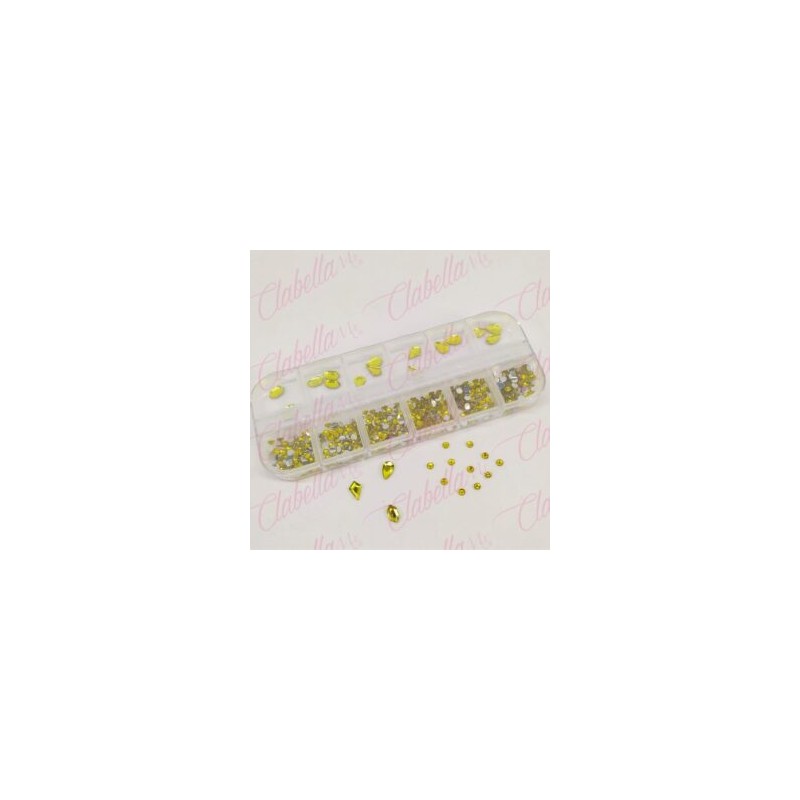 Decoración CRISTALES de plástico AMARILLO CON FIGURAS para uñas, aprox 400 piezas en pastillero – estuche de plástico de 13x5cm 