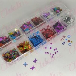 Decoración DIFERENTES FIGURAS SEPARADAS para uñas en pastillero – estuche de 13x5cm con 12 divisiones y tapa individual, surtido