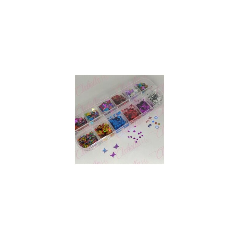Decoración DIFERENTES FIGURAS SEPARADAS para uñas en pastillero – estuche de 13x5cm con 12 divisiones y tapa individual, surtido