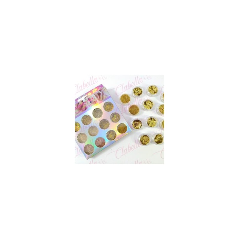 Decoración dorado GLITTER,AZUCAR Y FIGURA GEOMETRICA para uñas 12 piezas de 1/8 por paquete, (Sin estuche) surtido