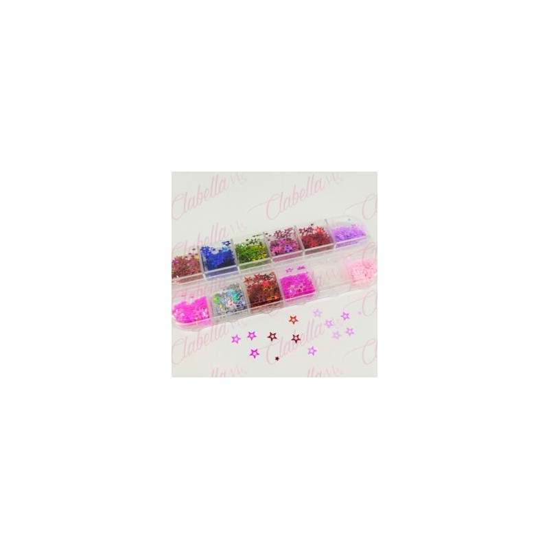 Decoración ESTRELLAS GRANDES METALICAS para uñas en pastillero – estuche de 13x5cm con 12 divisiones y tapa individual,surtido (