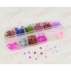 Decoración ESTRELLAS GRANDES METALICAS para uñas en pastillero – estuche de 13x5cm con 12 divisiones y tapa individual,surtido (