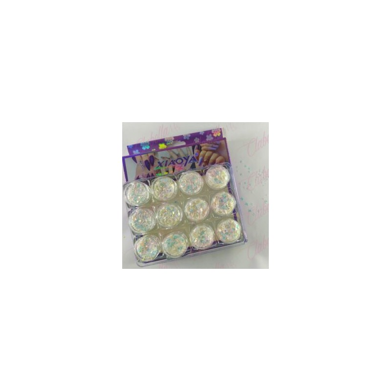 Decoración FIGURAS NO MEZCLADAS estrellas, corazones, mariposas, brilla cobre-azúl  para uñas 12 piezas de 1/6 por estuche, (Con