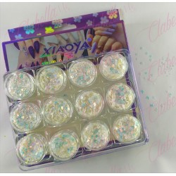 Decoración FIGURAS NO MEZCLADAS estrellas, corazones, mariposas, brilla cobre-azúl  para uñas 12 piezas de 1/6 por estuche, (Con