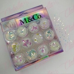 Decoración FIGURAS NO MEZCLADAS estrellas, corazones, mariposas, BRILLA COLOR CAMALEÓN, para uñas 12 piezas de 1/8 por estuche, 