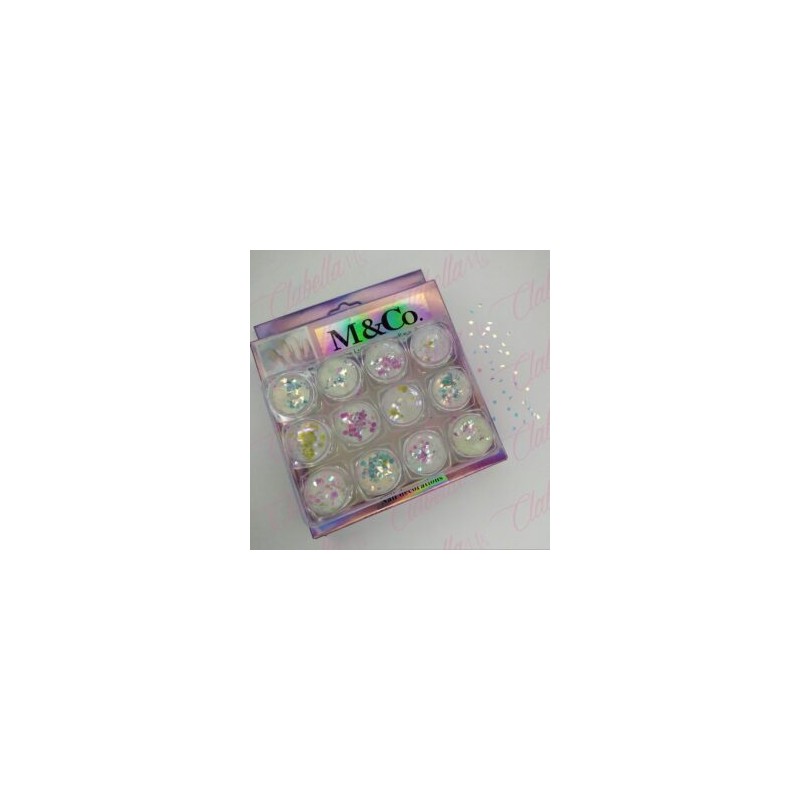 Decoración FIGURAS NO MEZCLADAS estrellas, corazones, mariposas, BRILLA COLOR CAMALEÓN, para uñas 12 piezas de 1/8 por estuche, 