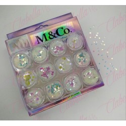 Decoración FIGURAS NO MEZCLADAS estrellas, corazones, mariposas, BRILLA COLOR CAMALEÓN, para uñas 12 piezas de 1/8 por estuche, 