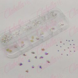 Decoración FIGURAS TORNASOL CON CRISTALES en diferentes tamaños para uñas, aprox 200 piezas en pastillero – estuche de plástico 