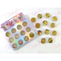 Decoración dorado GLITTER,AZUCAR Y FIGURA GEOMETRICA para uñas 12 piezas de 1/8 por paquete, (Sin estuche) surtido