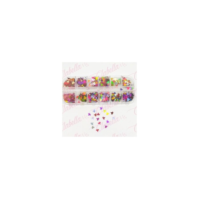 Decoración HOJA MAPLE METALICO para uñas en pastillero  – estuche de 13x5cm con 12 divisiones y tapa individual, surtido