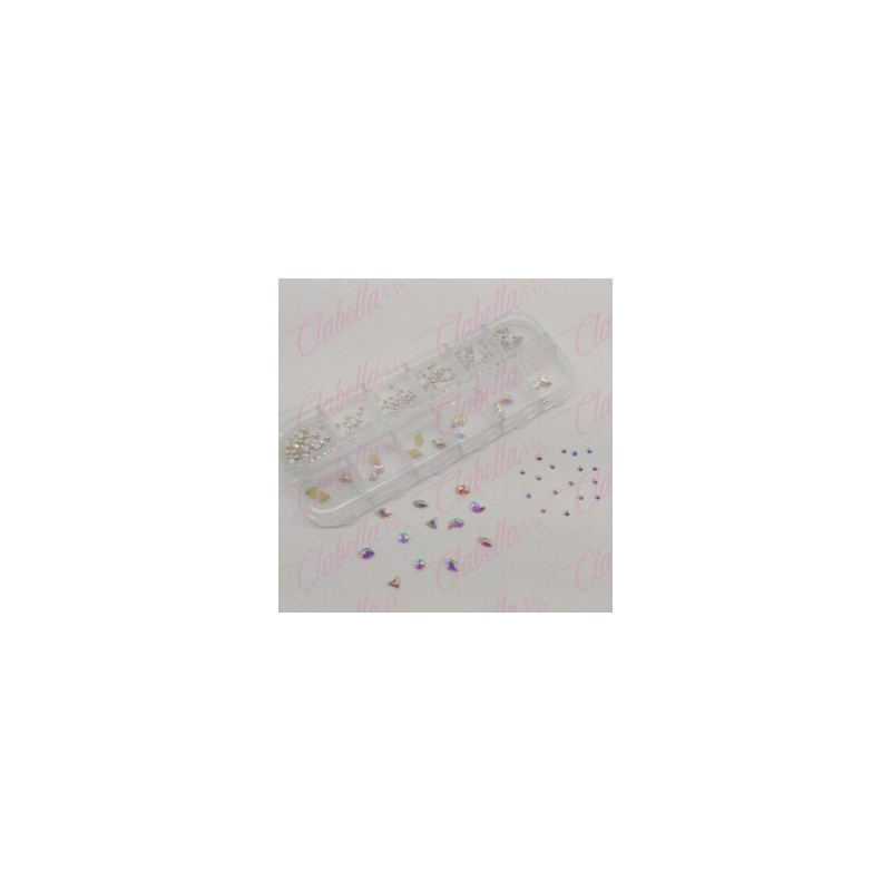 Decoración FIGURAS TORNASOL CON CRISTALES en diferentes tamaños para uñas, aprox 200 piezas en pastillero – estuche de plástico 