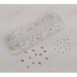 Decoración FIGURAS TORNASOL CON CRISTALES en diferentes tamaños para uñas, aprox 200 piezas en pastillero – estuche de plástico 