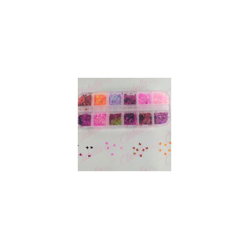 Decoración MARIPOSAS para uñas en pastillero – estuche de 13x5cm con  12 divisiones y tapa individual, surtido
