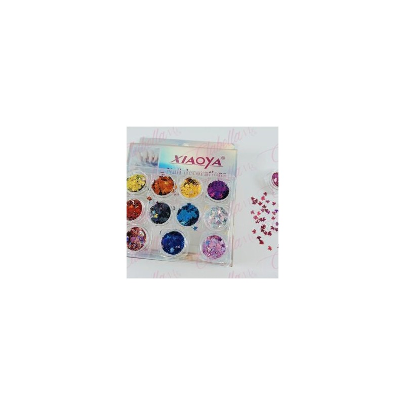 Decoración HOJA MAPLE para uñas 12 piezas de 1/8 por estuche, (Con estuche) surtido (Oferta, presentación larga sin estuche)