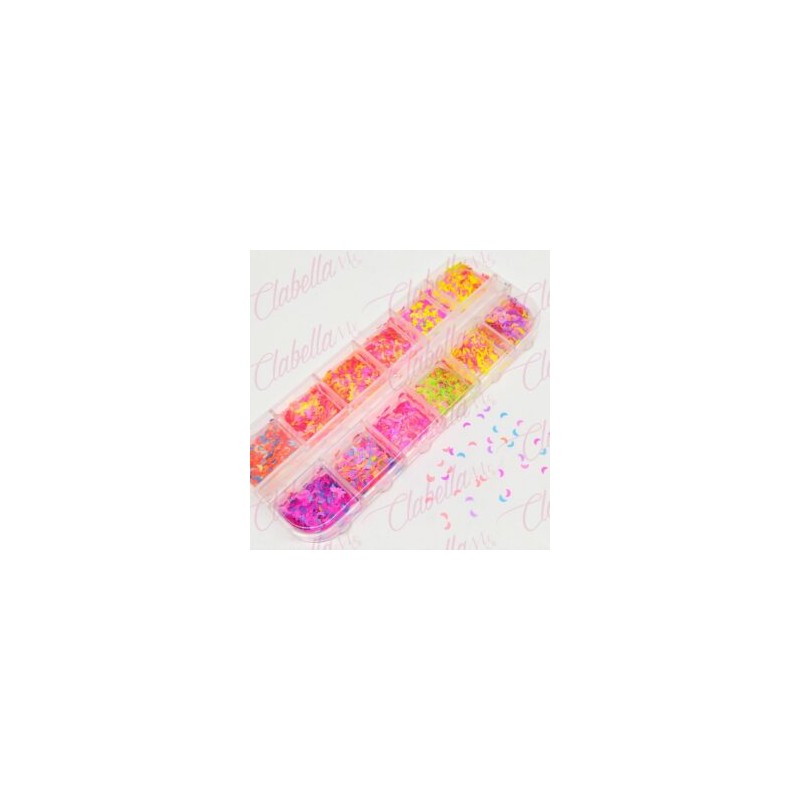 Decoración LUNAS NEON para uñas en pastillero – estuche de 13x5cm con 12 divisiones y tapa individual,surtido (PB)