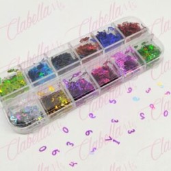 Decoración NÚMEROS METÁLICOS para uñas en pastillero – estuche de 13x5cm con 12 divisiones y tapa individual, surtido (PB)