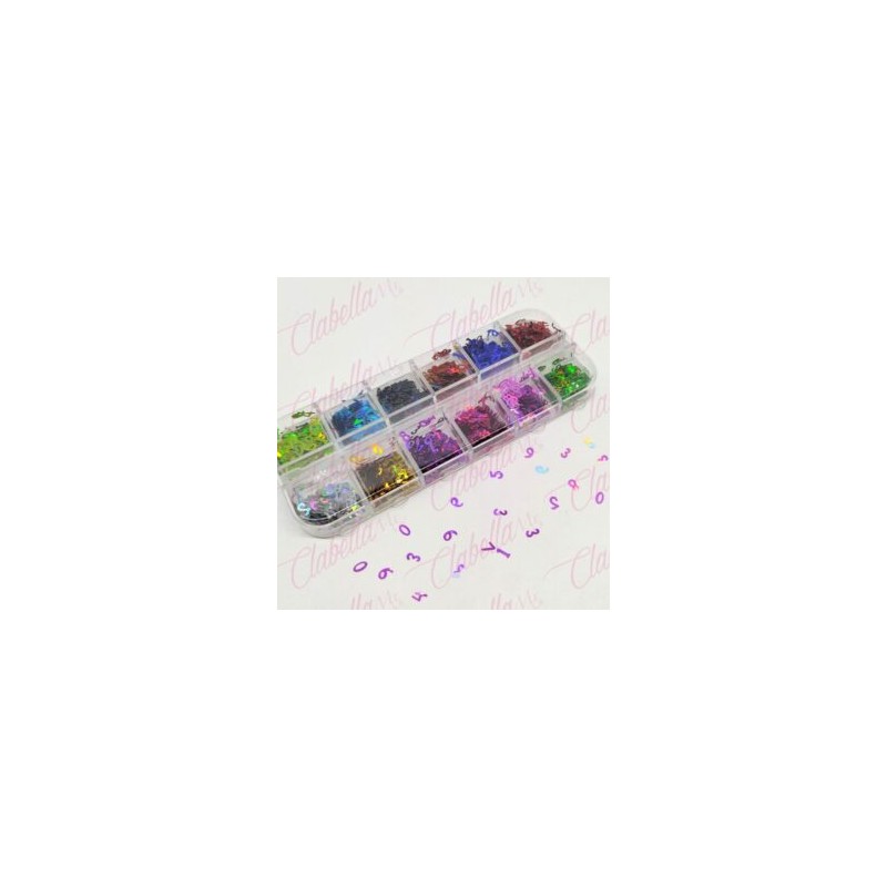 Decoración NÚMEROS METÁLICOS para uñas en pastillero – estuche de 13x5cm con 12 divisiones y tapa individual, surtido (PB)