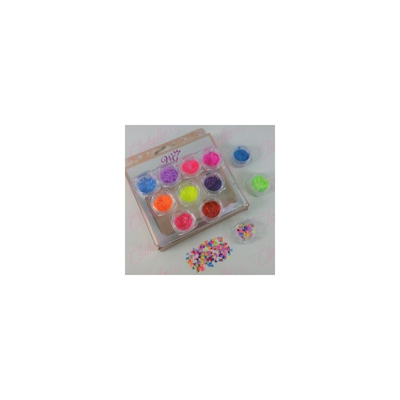 Decoración MARIPOSAS NEON CON CONFETI para uñas 12 piezas de 1/8 por estuche, (Con estuche) surtido 254-0724 (Chica Neón ) (Pres