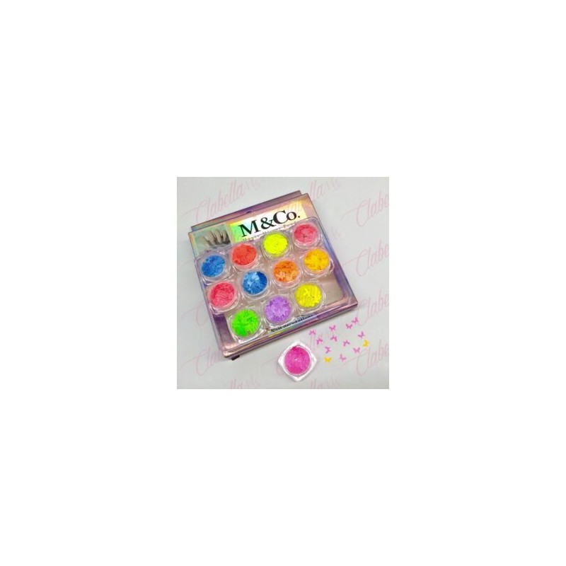 Decoración MARIPOSAS NEON para uñas 12 piezas de 1/8 por estuche, surtido (Con estuche) (PB)