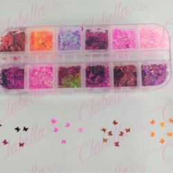 Decoración MARIPOSAS para uñas en pastillero – estuche de 13x5cm con  12 divisiones y tapa individual, surtido