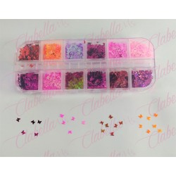 Decoración MARIPOSAS para uñas en pastillero – estuche de 13x5cm con  12 divisiones y tapa individual, surtido