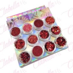 Decoración roja GLITTER, AZUCAR, FIGURA GEOMETRICA, FLAKE Y CAVIAR  para uñas 12 piezas de 1/8 por paquete, (Sin estuche) 0980