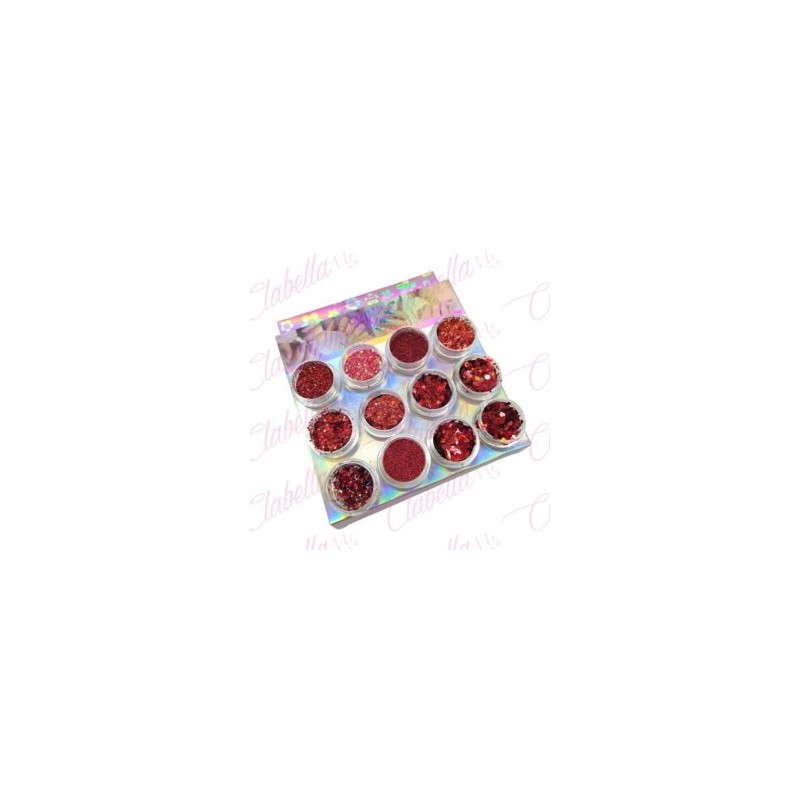 Decoración roja GLITTER, AZUCAR, FIGURA GEOMETRICA, FLAKE Y CAVIAR  para uñas 12 piezas de 1/8 por paquete, (Sin estuche) 0980