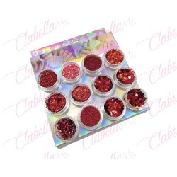 Decoración roja GLITTER, AZUCAR, FIGURA GEOMETRICA, FLAKE Y CAVIAR  para uñas 12 piezas de 1/8 por paquete, (Sin estuche) 0980