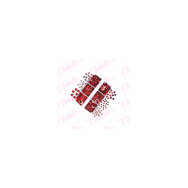 Decoración ROJA SAN VALENTIN CORAZONES METALICOS de diferente tamaño para uñas en pastillero estuche de 13x5cm con 6 divisiones 