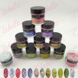 Acrílico JR Gold coast (Glitter fino con decoración) para uñas 12 piezas de 10gr-1/4oz por paquete 11A-210-9  (Pb)