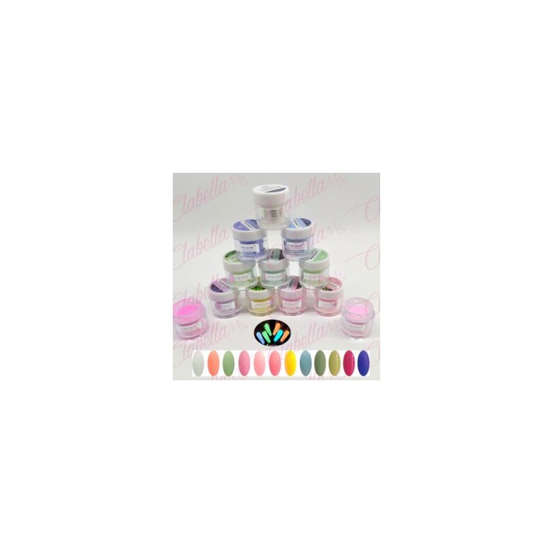 Acrílico Yuan Quan Glow Luminous brilla en la oscuridad gama A  para uñas 12 piezas de 10gr-1/4oz por paquete. AL-34 /Y1-YG1